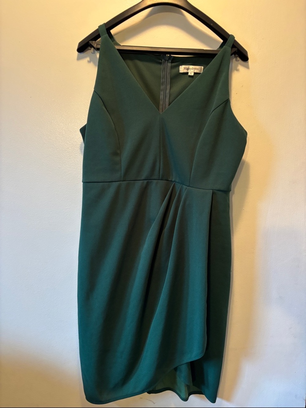 Dark Green V-Neck Mini Dress with Draped Skirt by Manydress